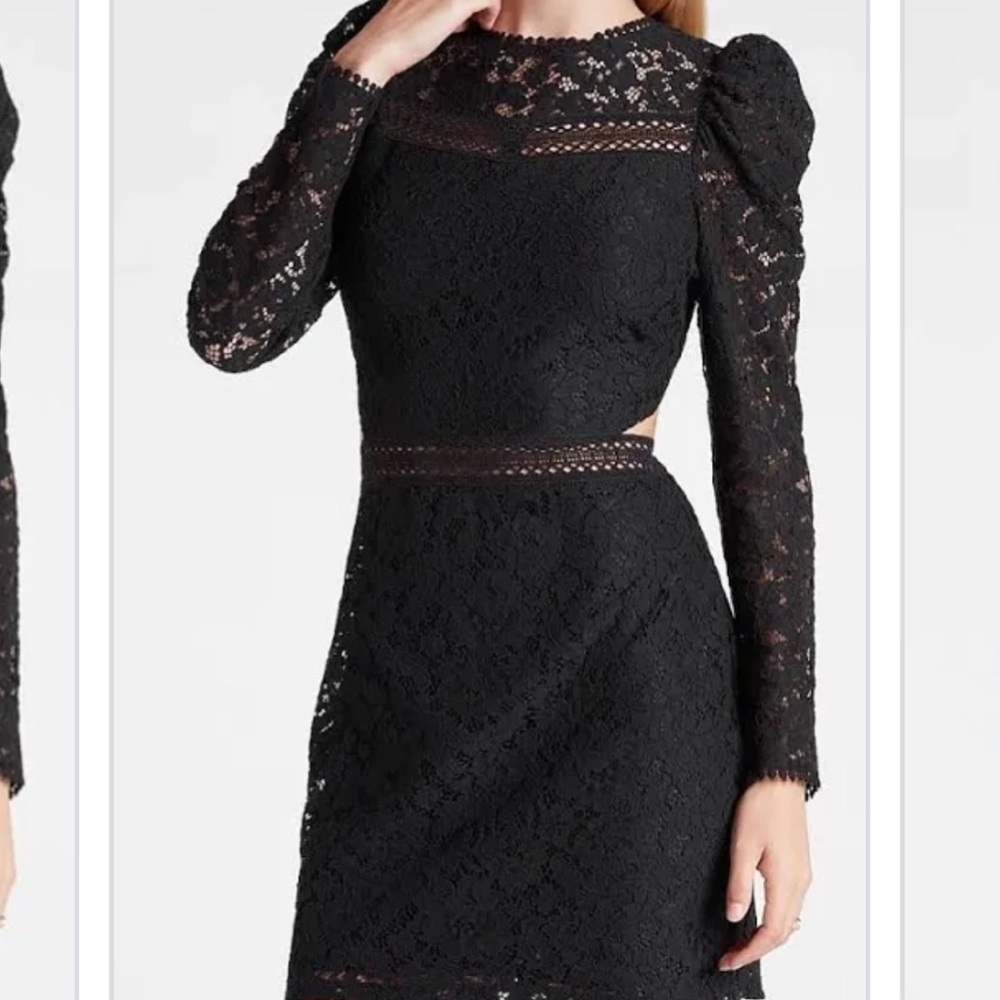 Express Black Lace Puff Sleeve Side Cutout High Neck Mini Formal Dress S NEW